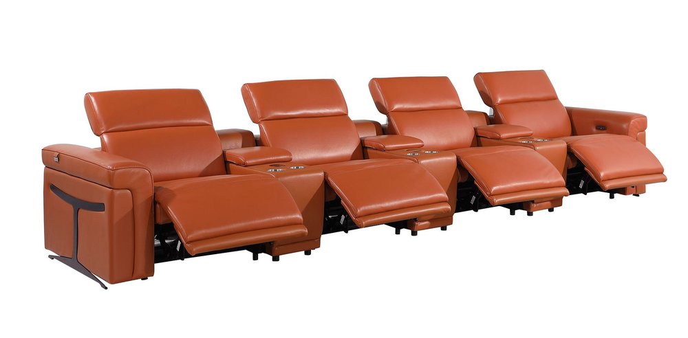 Beige Top Grain Leather Reclining Metal USB Sofa - 166-inch