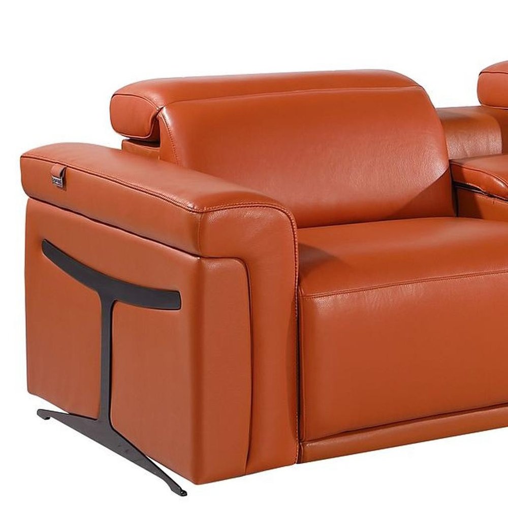 Beige Top Grain Leather Reclining Metal USB Sofa - 166-inch