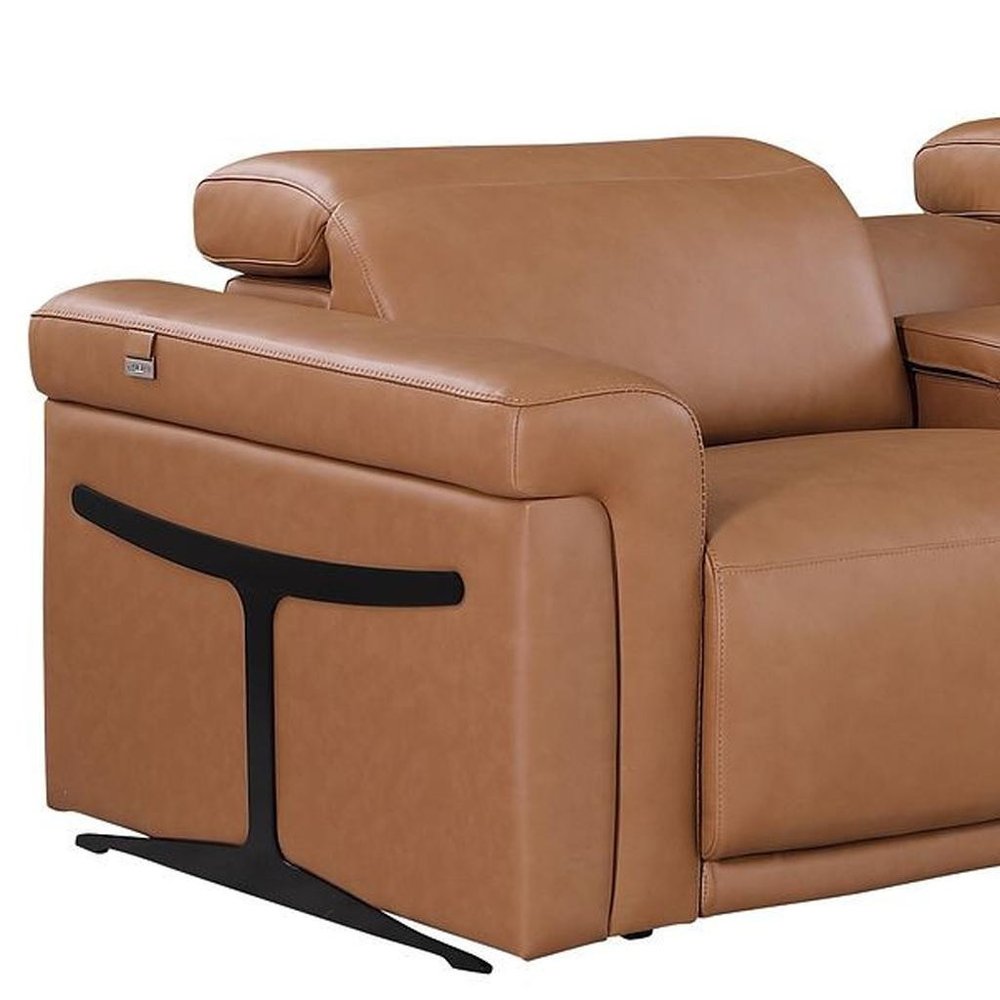 Beige Top Grain Leather Reclining Metal USB Sofa - 166-inch