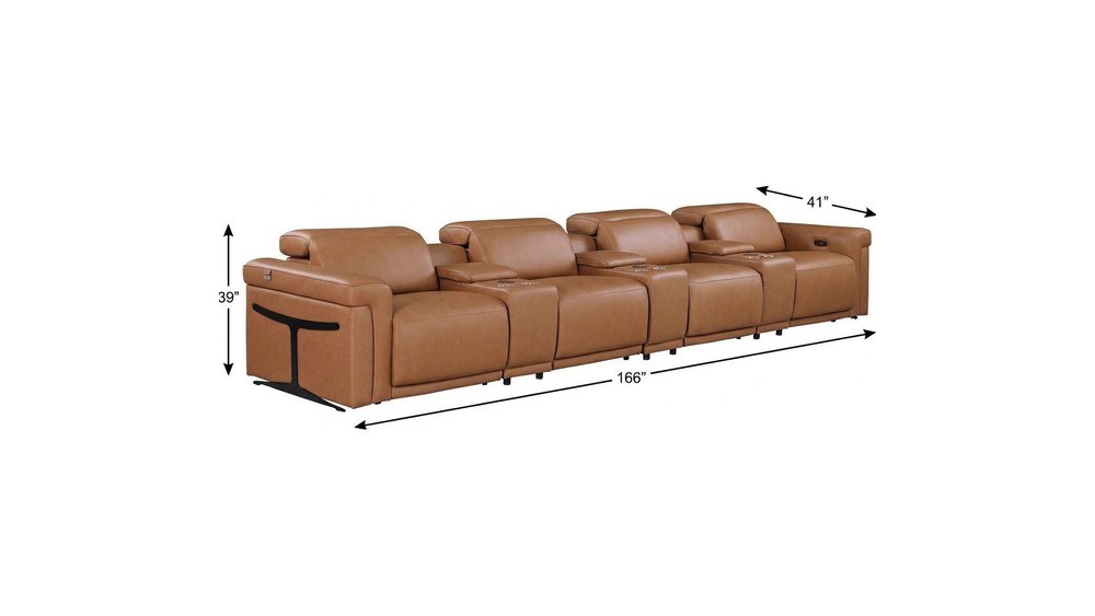Beige Top Grain Leather Reclining Metal USB Sofa - 166-inch