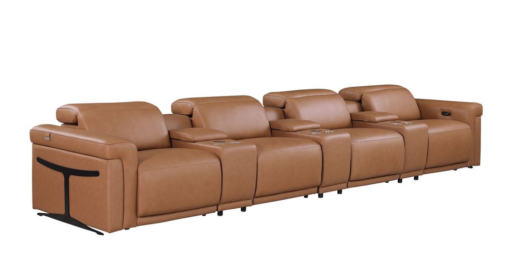 Beige Top Grain Leather Reclining Metal USB Sofa - 166-inch