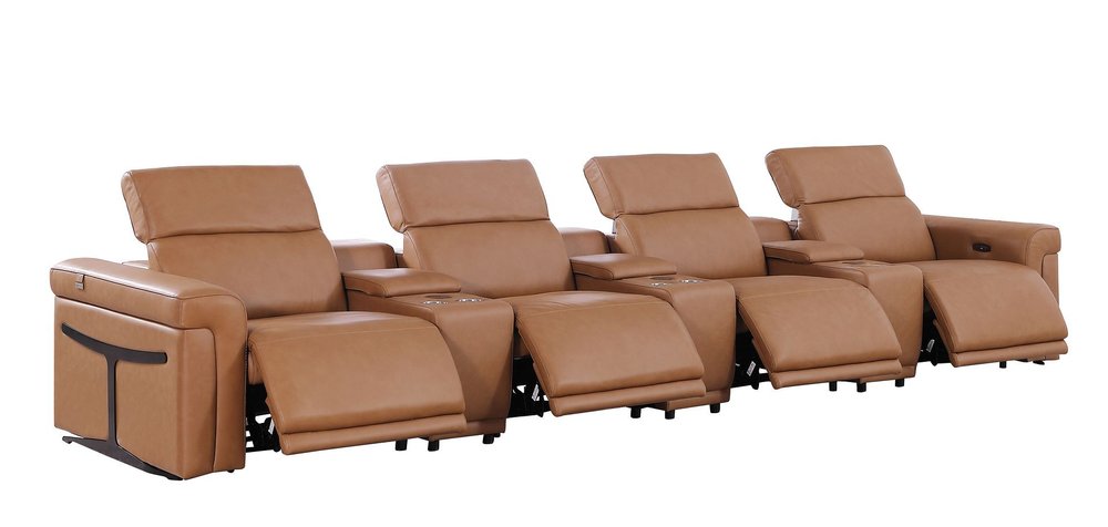 Beige Top Grain Leather Reclining Metal USB Sofa - 166-inch