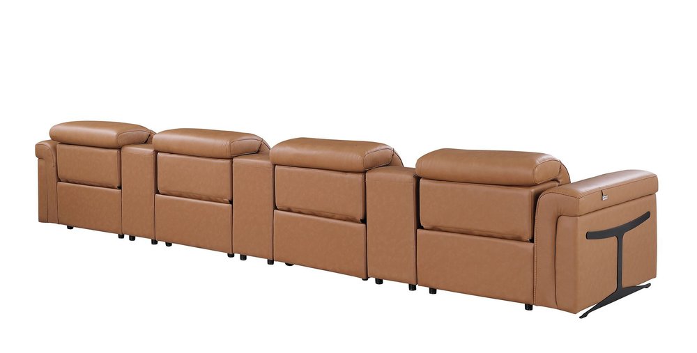 Beige Top Grain Leather Reclining Metal USB Sofa - 166-inch