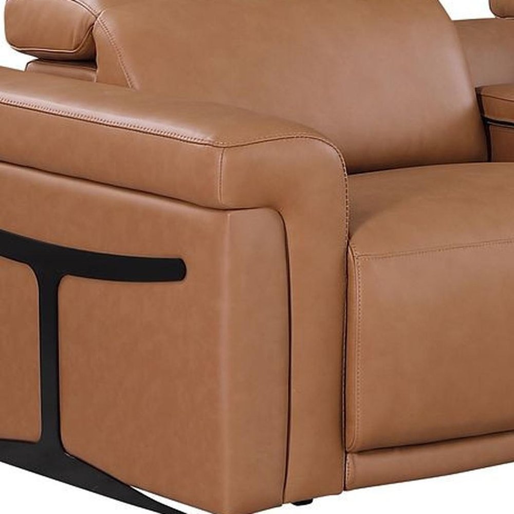 Beige Top Grain Leather Reclining Metal USB Sofa - 166-inch