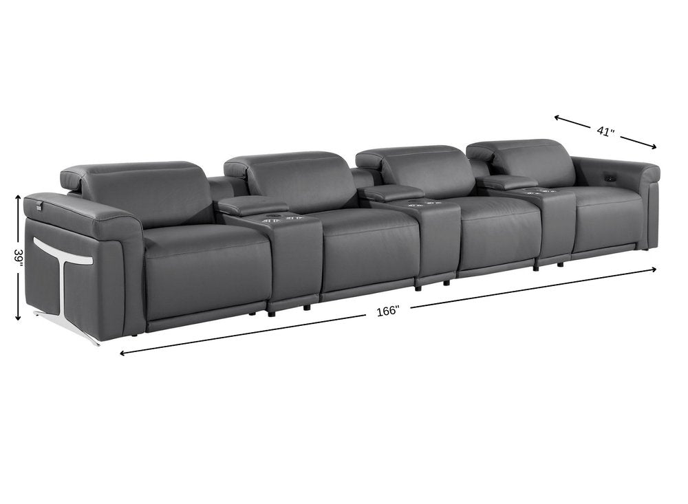Beige Top Grain Leather Reclining Metal USB Sofa - 166-inch