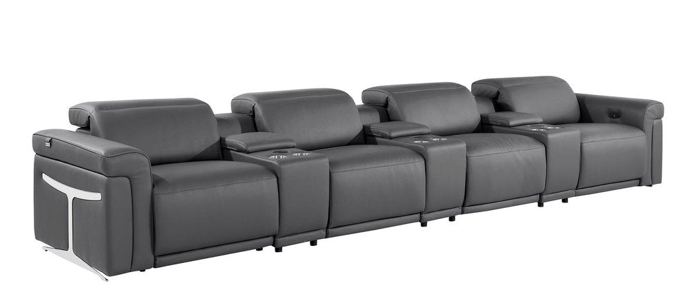 Beige Top Grain Leather Reclining Metal USB Sofa - 166-inch