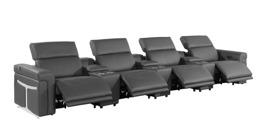 Beige Top Grain Leather Reclining Metal USB Sofa - 166-inch