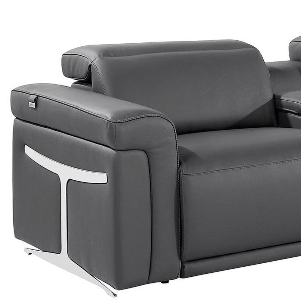 Beige Top Grain Leather Reclining Metal USB Sofa - 166-inch