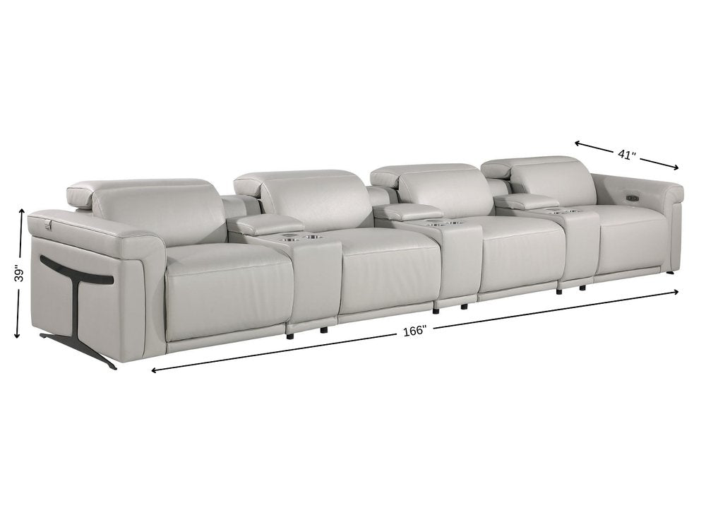 Beige Top Grain Leather Reclining Metal USB Sofa - 166-inch
