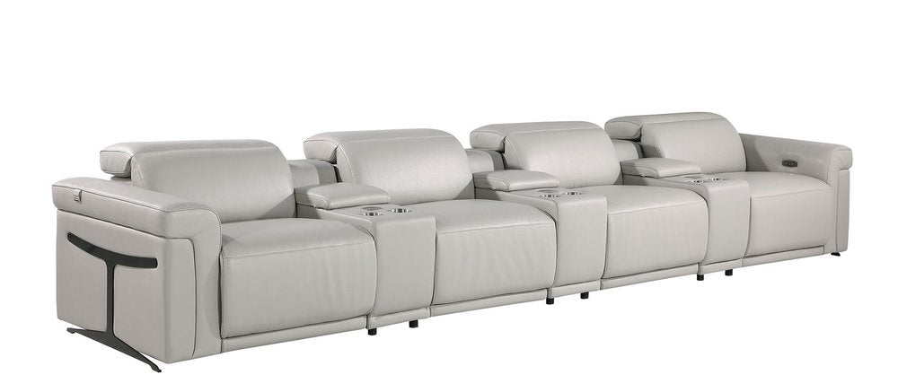 Beige Top Grain Leather Reclining Metal USB Sofa - 166-inch