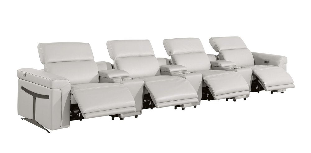 Beige Top Grain Leather Reclining Metal USB Sofa - 166-inch