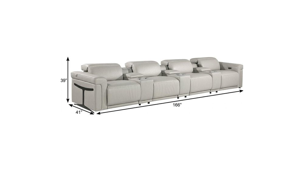 Beige Top Grain Leather Reclining Metal USB Sofa - 166-inch