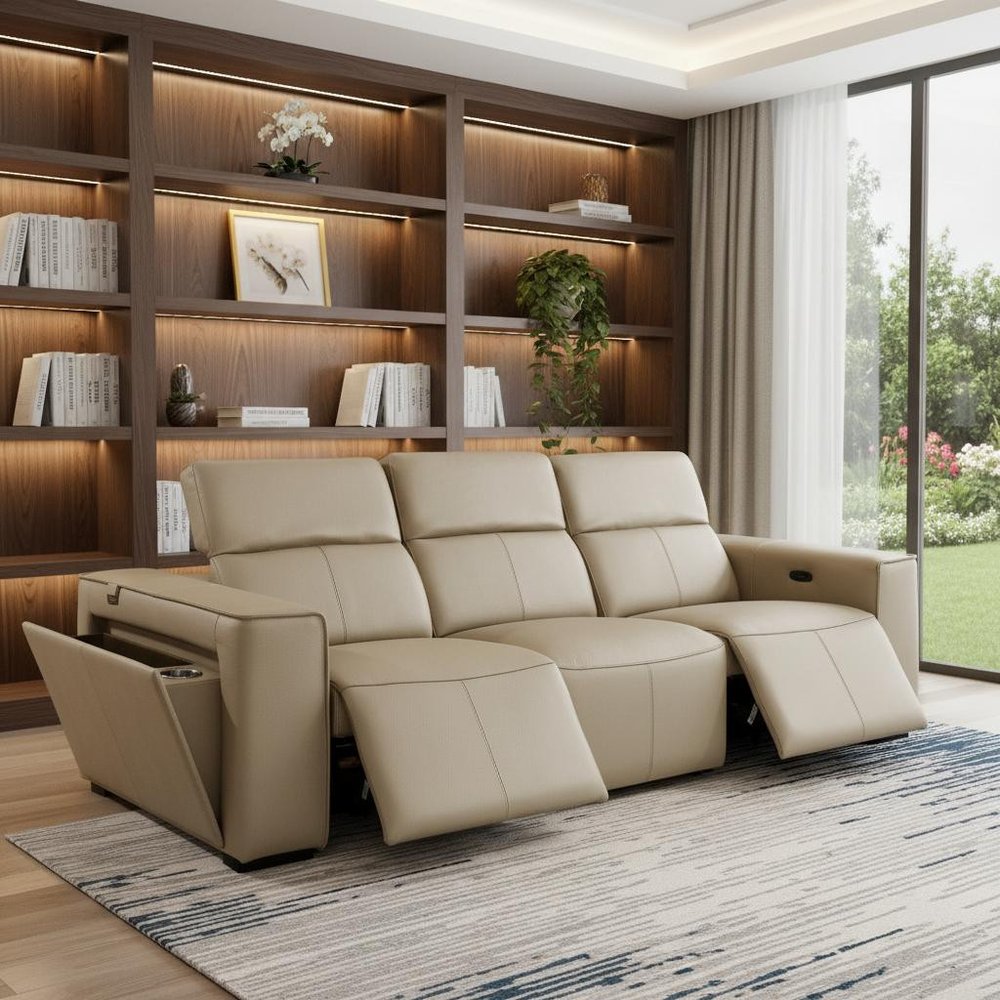 Beige Top Grain Leather Reclining Metal USB Sofa - 104-inch