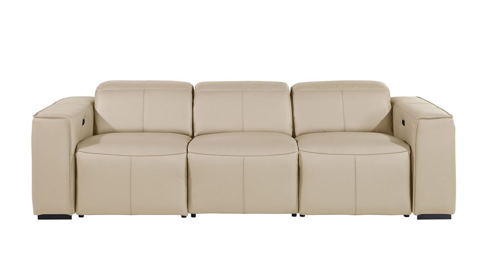 Beige Top Grain Leather Reclining Metal USB Sofa - 104-inch