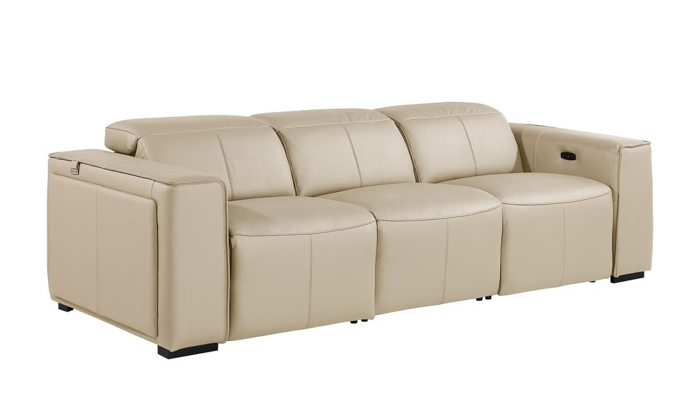 Beige Top Grain Leather Reclining Metal USB Sofa - 104-inch