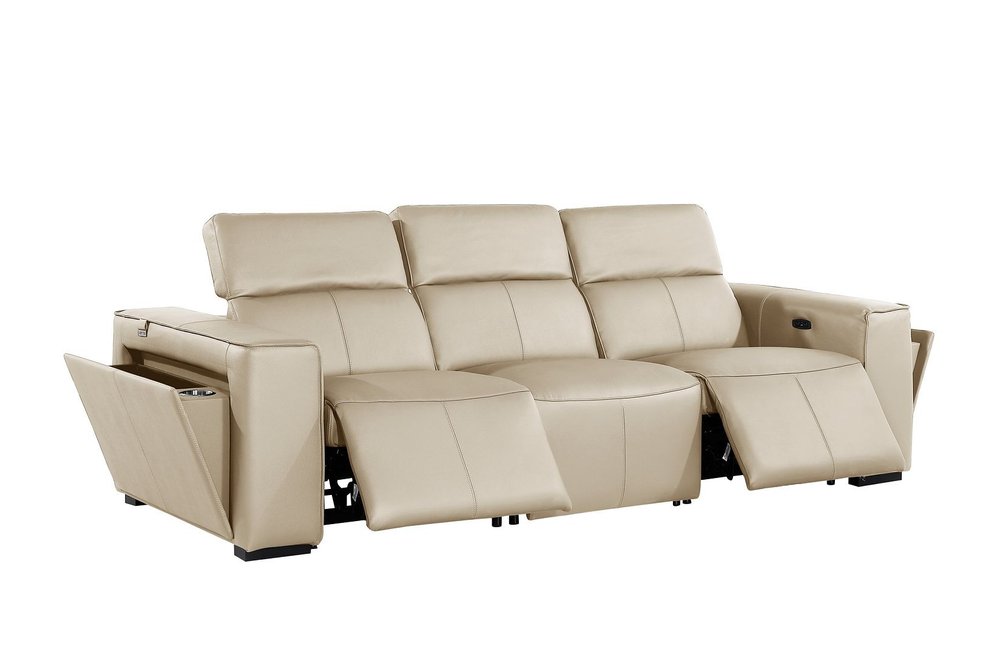 Beige Top Grain Leather Reclining Metal USB Sofa - 104-inch