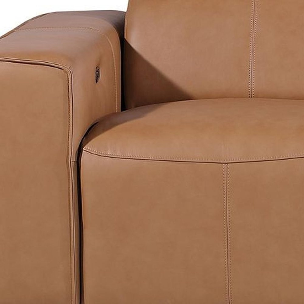 Beige Top Grain Leather Reclining Metal USB Sofa - 104-inch