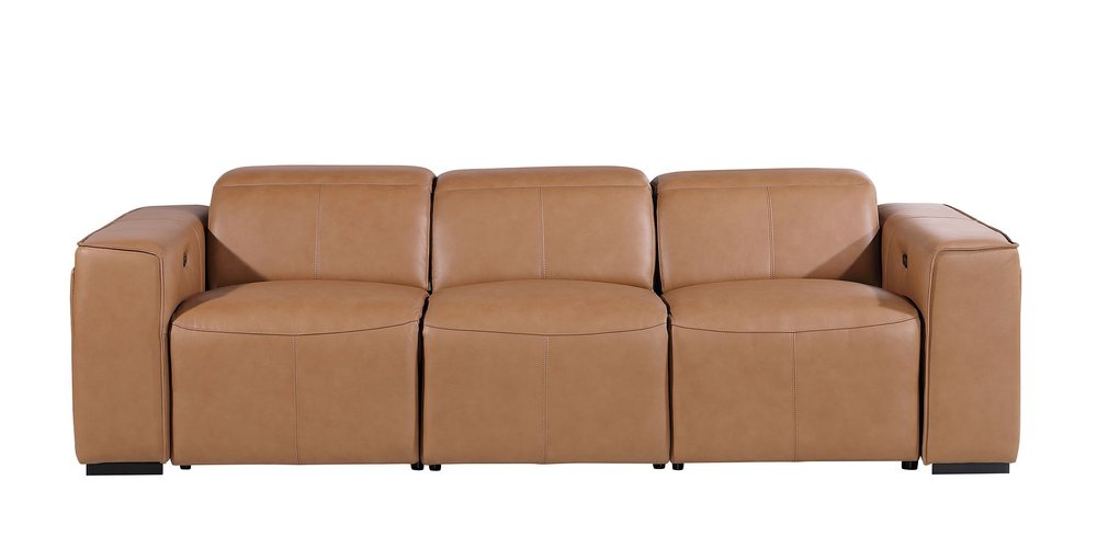 Beige Top Grain Leather Reclining Metal USB Sofa - 104-inch
