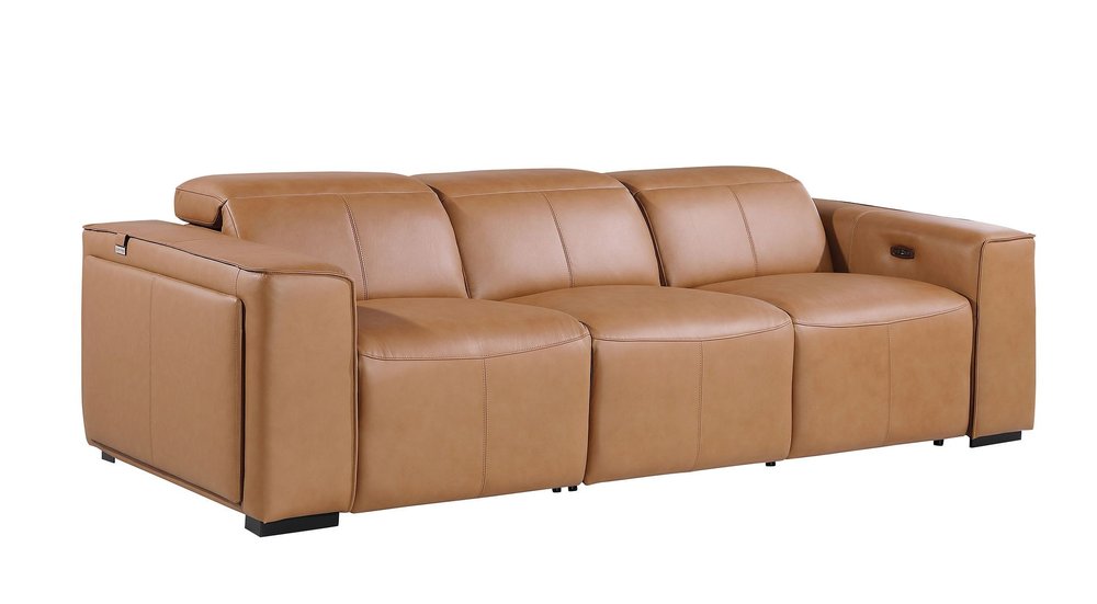 Beige Top Grain Leather Reclining Metal USB Sofa - 104-inch