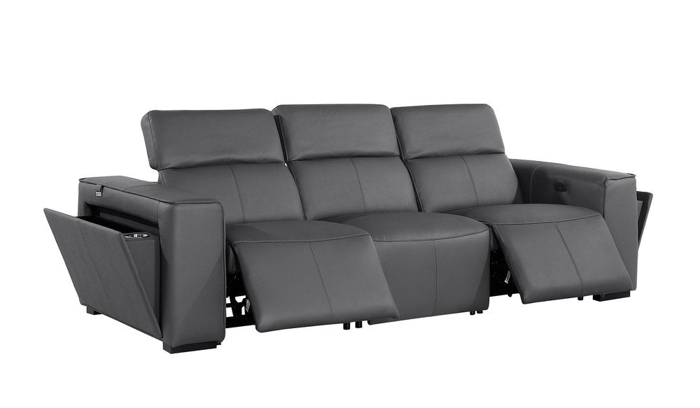 Beige Top Grain Leather Reclining Metal USB Sofa - 104-inch