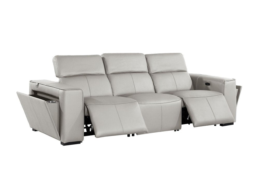 Beige Top Grain Leather Reclining Metal USB Sofa - 104-inch