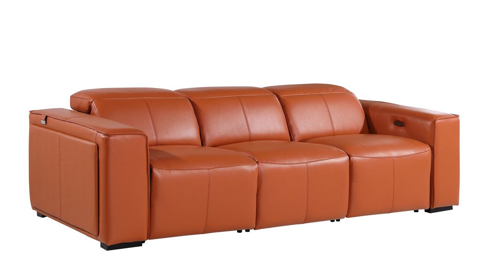 Beige Top Grain Leather Reclining Metal USB Sofa - 104-inch