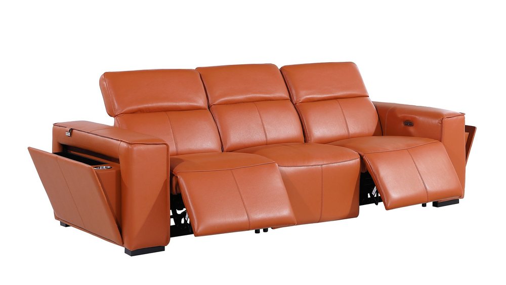 Beige Top Grain Leather Reclining Metal USB Sofa - 104-inch