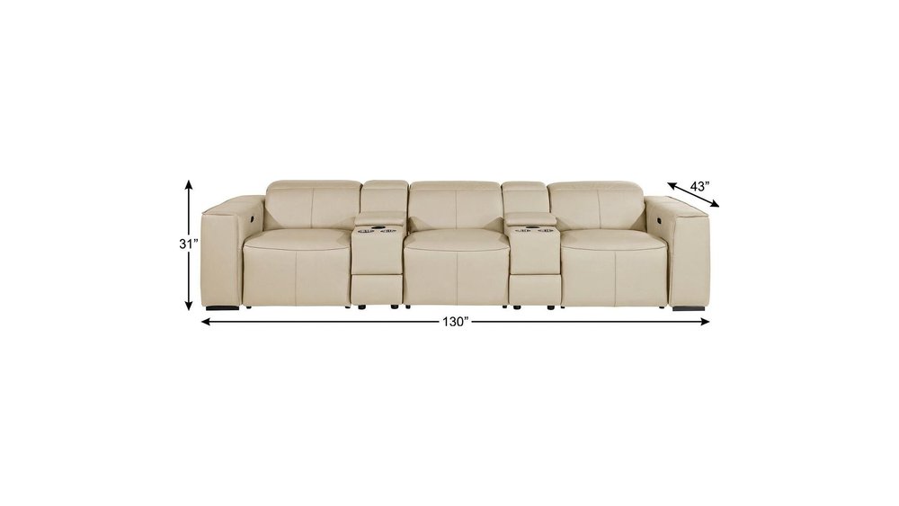 Beige Top Grain Leather Reclining Metal USB Sofa - 130-inch