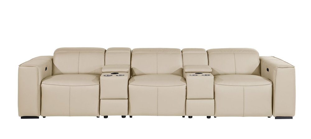 Beige Top Grain Leather Reclining Metal USB Sofa - 130-inch