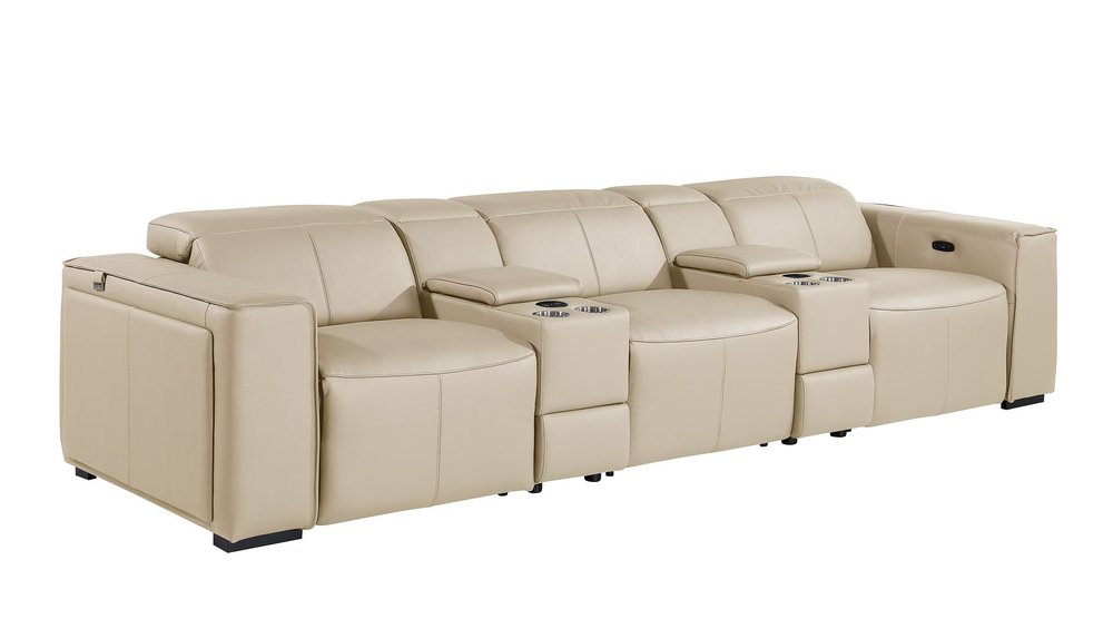 Beige Top Grain Leather Reclining Metal USB Sofa - 130-inch