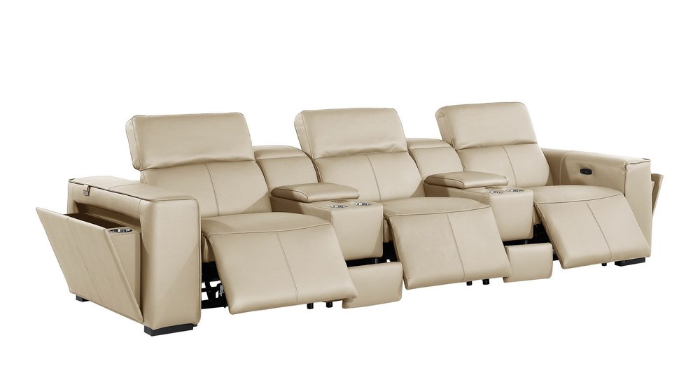 Beige Top Grain Leather Reclining Metal USB Sofa - 130-inch