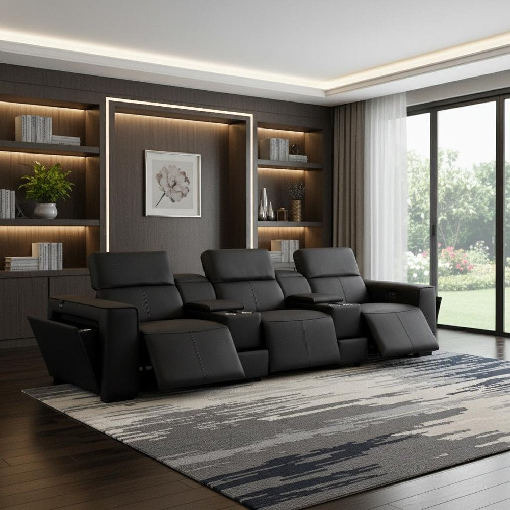 Beige Top Grain Leather Reclining Metal USB Sofa - 130-inch