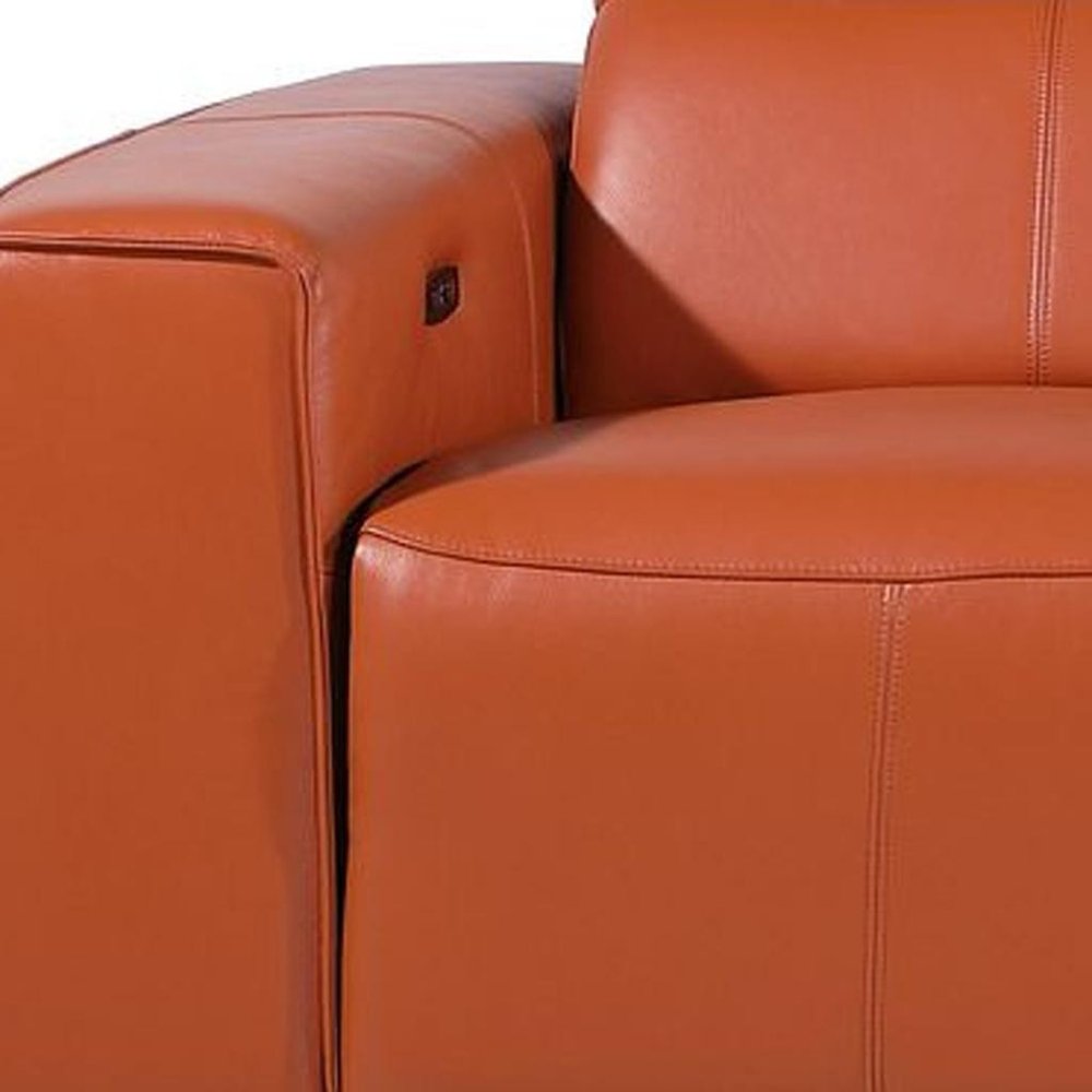 Beige Top Grain Leather Reclining Metal USB Sofa - 130-inch