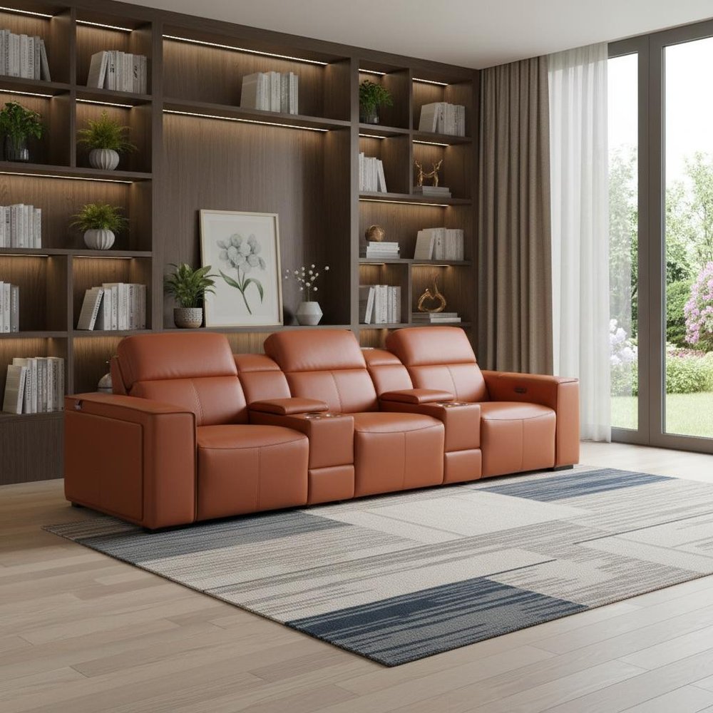 Beige Top Grain Leather Reclining Metal USB Sofa - 130-inch