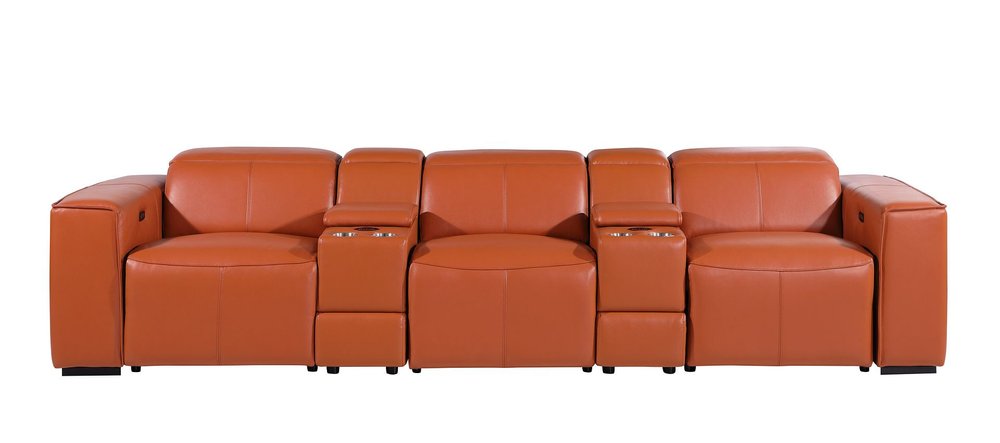 Beige Top Grain Leather Reclining Metal USB Sofa - 130-inch