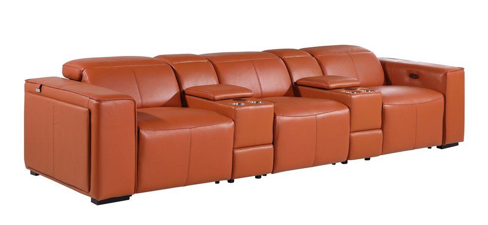 Beige Top Grain Leather Reclining Metal USB Sofa - 130-inch