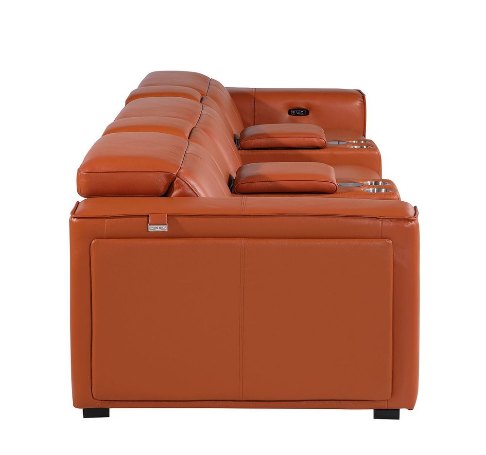 Beige Top Grain Leather Reclining Metal USB Sofa - 130-inch
