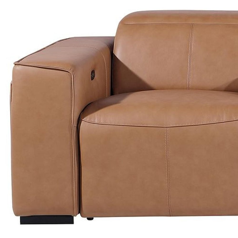 Beige Top Grain Leather Reclining Metal USB Sofa - 130-inch