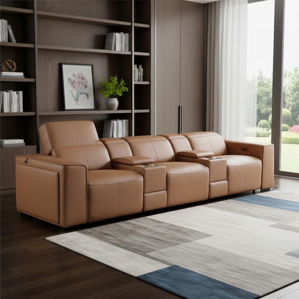 Beige Top Grain Leather Reclining Metal USB Sofa - 130-inch