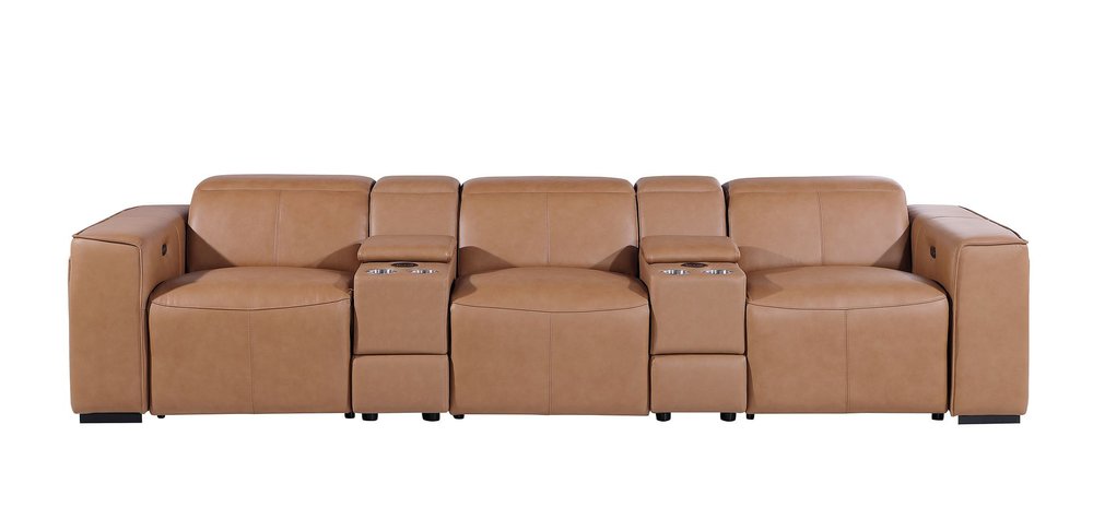 Beige Top Grain Leather Reclining Metal USB Sofa - 130-inch