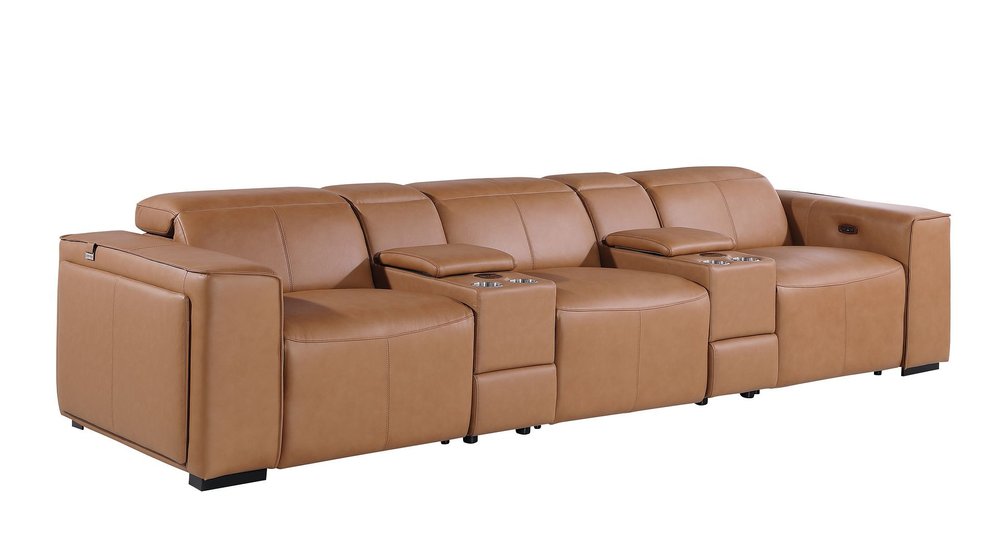 Beige Top Grain Leather Reclining Metal USB Sofa - 130-inch