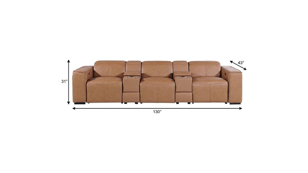 Beige Top Grain Leather Reclining Metal USB Sofa - 130-inch