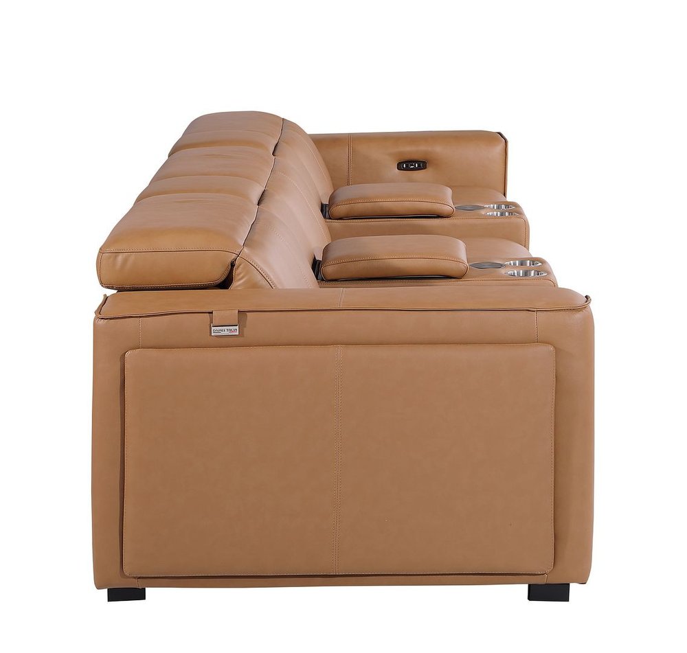 Beige Top Grain Leather Reclining Metal USB Sofa - 130-inch