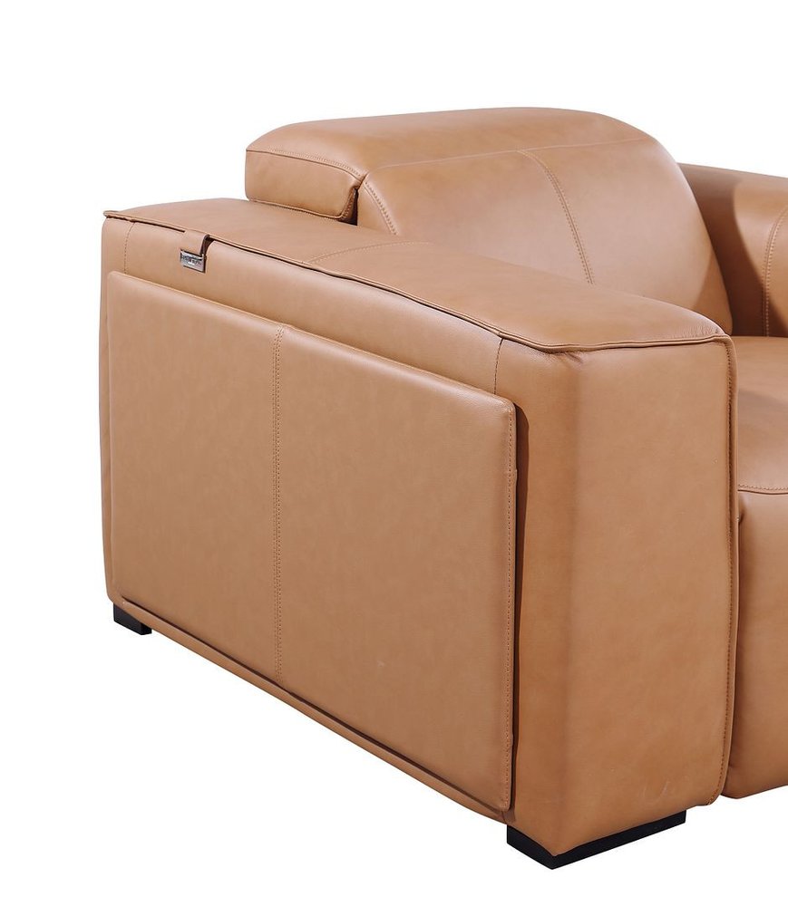 Beige Top Grain Leather Reclining Metal USB Sofa - 130-inch