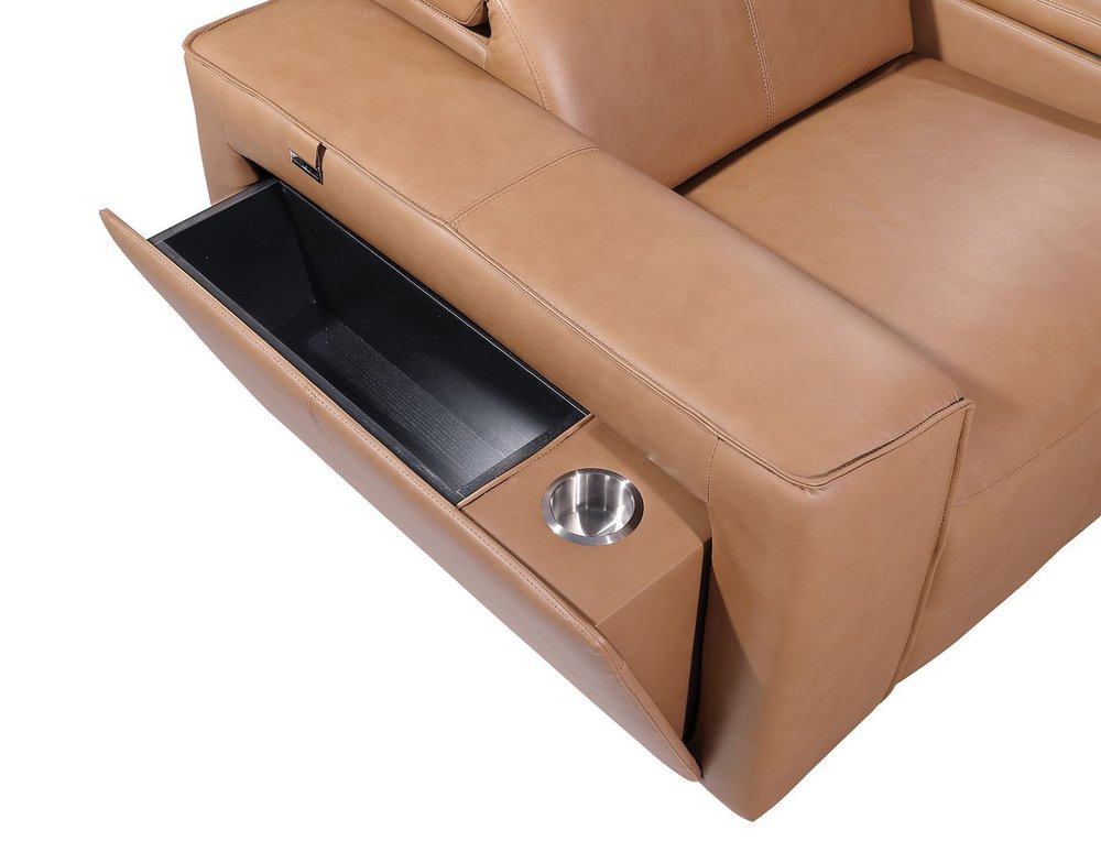 Beige Top Grain Leather Reclining Metal USB Sofa - 130-inch