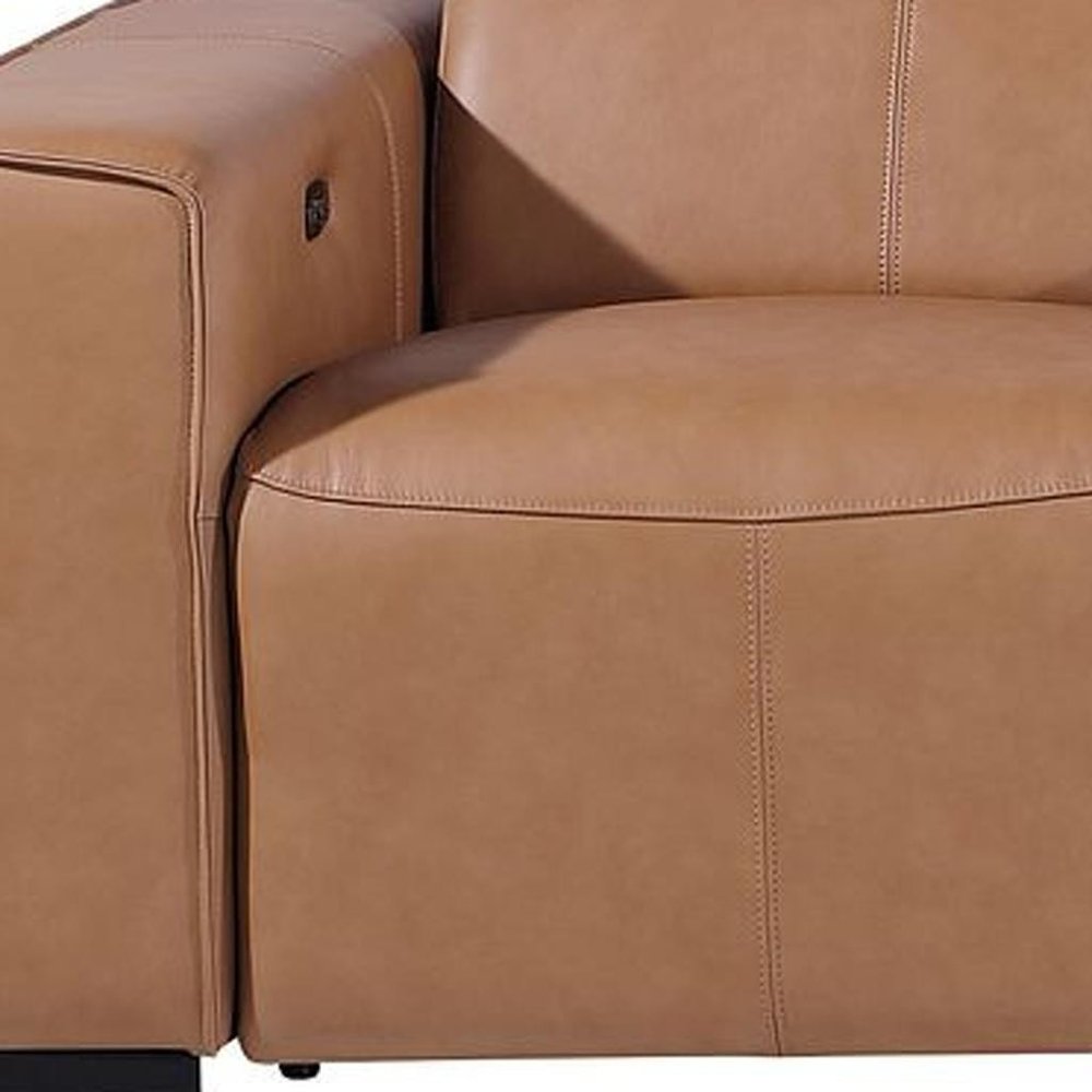 Beige Top Grain Leather Reclining Metal USB Sofa - 130-inch