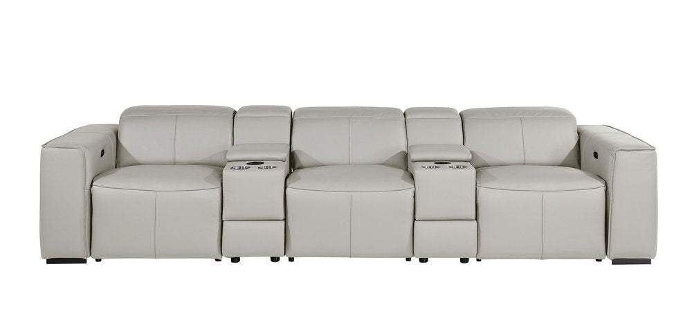 Beige Top Grain Leather Reclining Metal USB Sofa - 130-inch