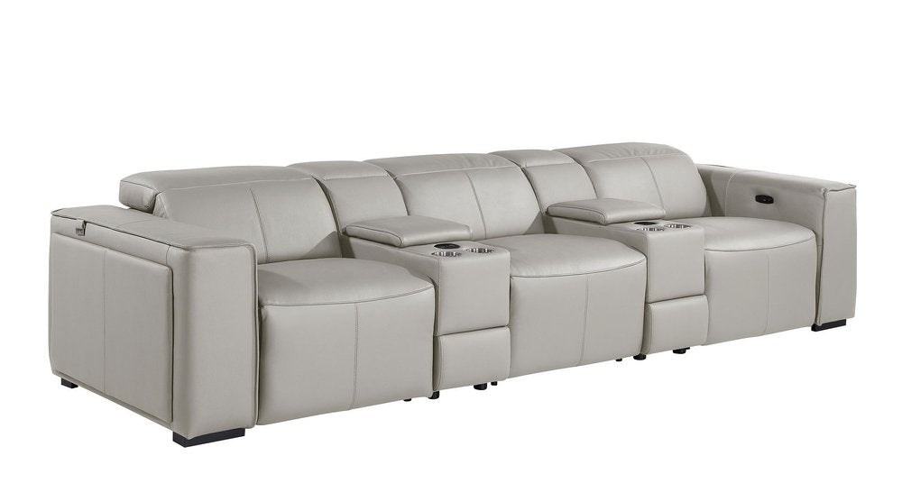 Beige Top Grain Leather Reclining Metal USB Sofa - 130-inch