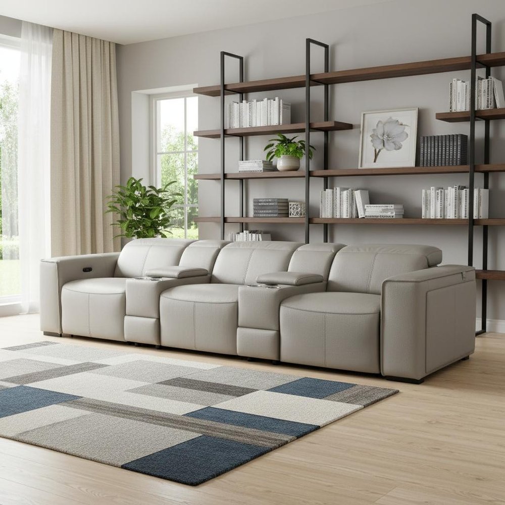Beige Top Grain Leather Reclining Metal USB Sofa - 130-inch