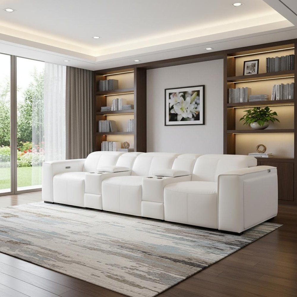 Beige Top Grain Leather Reclining Metal USB Sofa - 130-inch